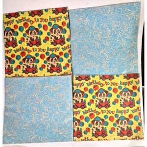 Vtg Happy Birthday Wrapping Paper - Panda Bears & Balloons & Blue/White Floral